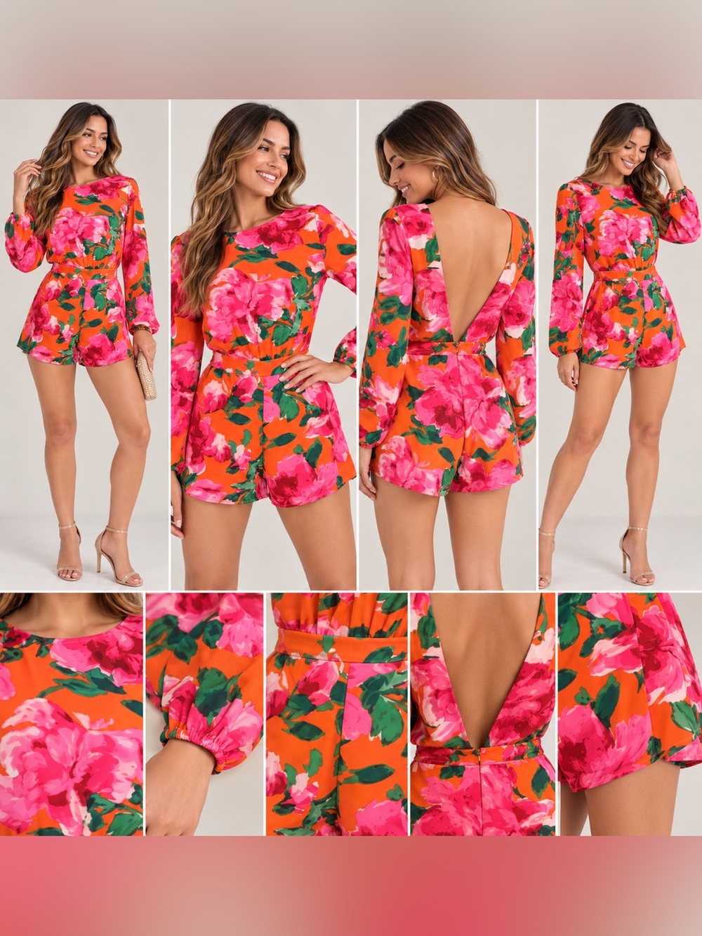 Lulus Orange Pink Floral Long Sleeve Open Back Romper Shorts Size S